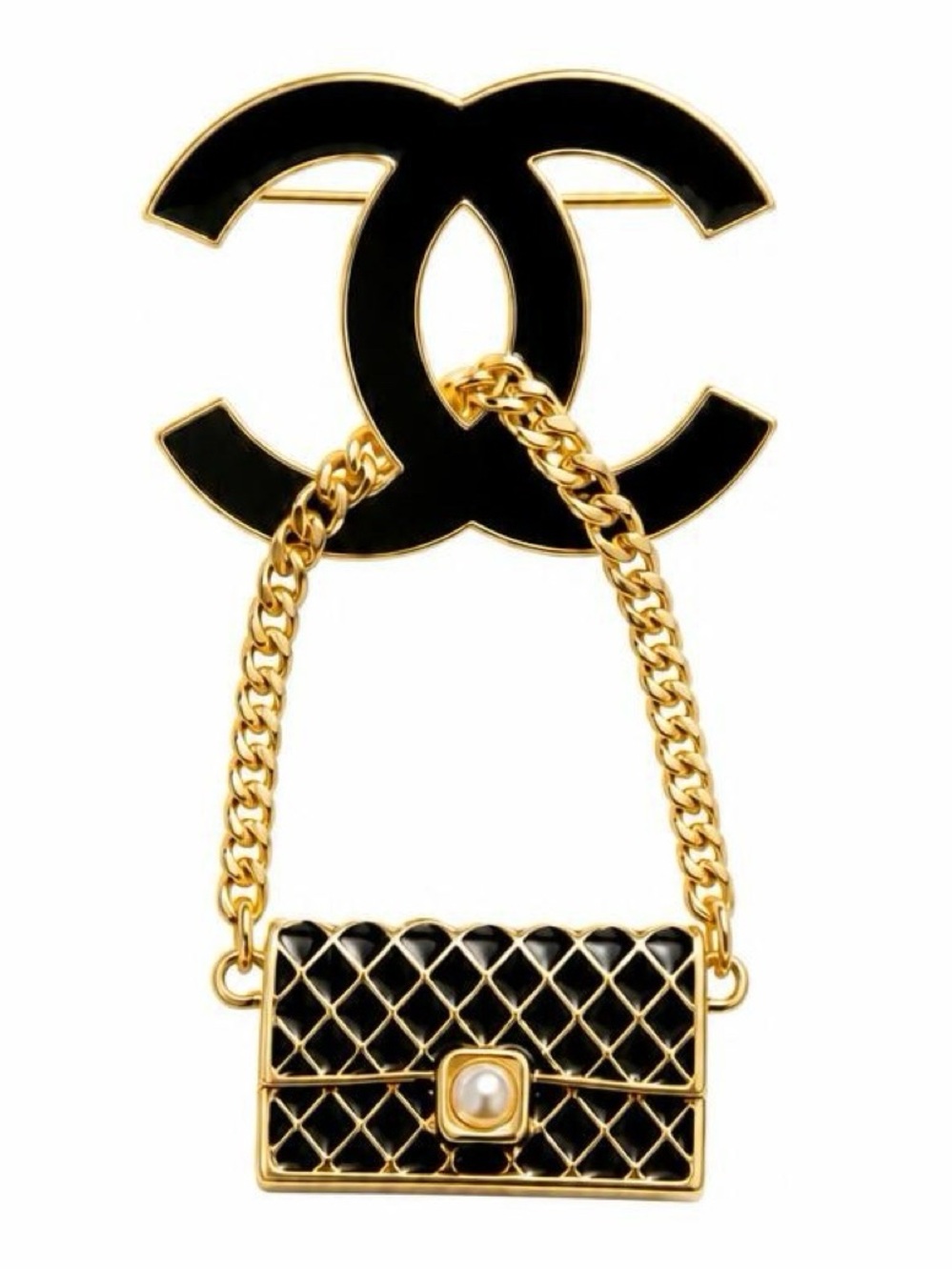 Fashion Jewelry Black and Gold CC Letter/ Quilted Purse Brooch